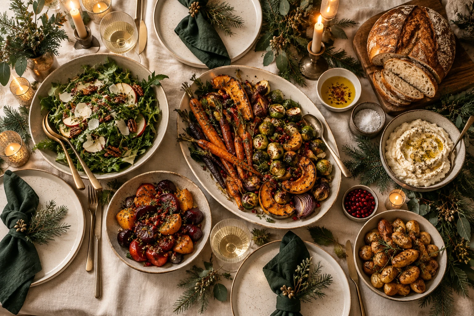 A festive table with shared dishes and glowing candles